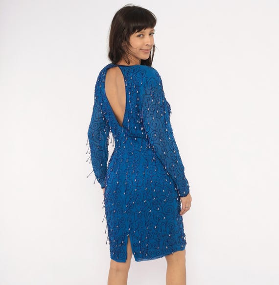 Beaded Cobalt Dress 90s Long Sleeve Cocktail Party Open Back Cutout Swirl Embellished Blue Evening Formal Shift Royal Teardrop Bead Large L