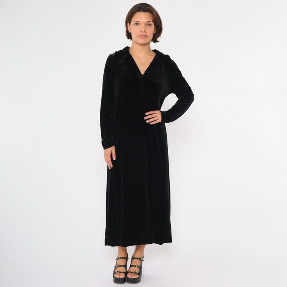 Vintage 90s Black Velour Dress Button Up Dress Long Sleeve Midi Dress Shirtdress Plain Gothic 1990s Collared Shift Oversized Small S