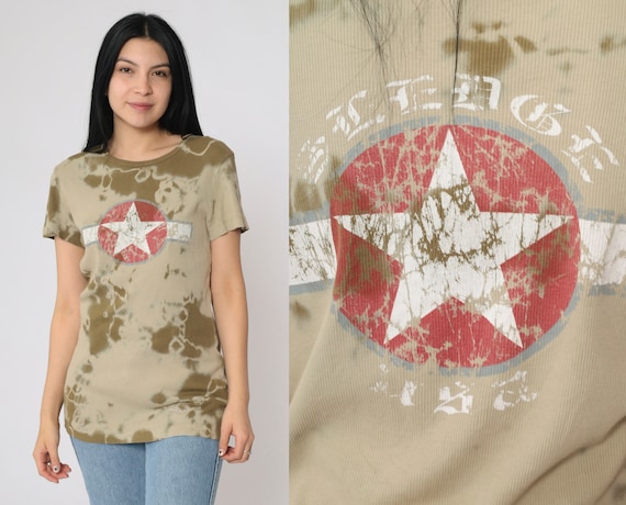 Y2K Military-Inspired T-Shirt Sledge USA Star Emblem Graphic Tie-Dye Shirt Vintage 00s Olive Green & Khaki Baby Tee Short Sleeve Large L