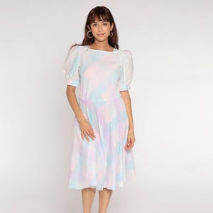 Vintage Pastel Checkered Dress 80s Puff Sleeve Midi Pink Purple Blue Kawaii Puffy High Elastic Waist Full Skirt Retro Medium M