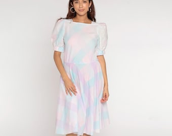 Vintage Pastell Kariertes Kleid 80er Jahre Puff Ärmel Midi Rosa Lila Blau Kawaii Puffy Hoch Elastische Taille Rock Retro Medium M