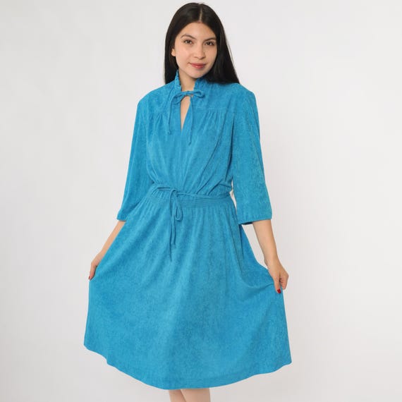 Blue Terrycloth Dress 70s Ruffle Neck Tie Front Keyhole Three Quarter Sleeve Lounge Resort Summer Pool Dress Large L