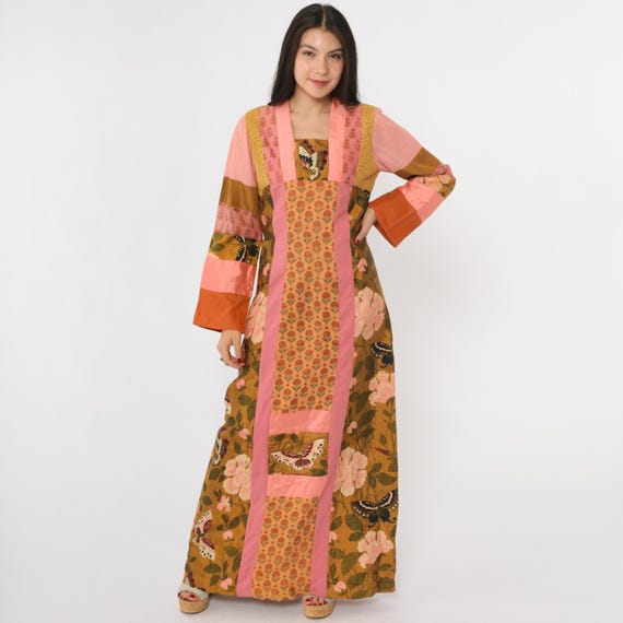 Vintage Butterfly Floral Maxi Dress 70s Patchwork Pink Brown Silk Blend Boho India Print Long Sleeve 1970s Hippie Lounge Festival Small S