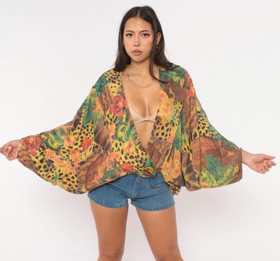 90s Silk Kimono Jacket Tropical Leopard Print Yellow Green Floral Batwing Sleeve Open Front Palm Hibiscus Jungle Lightweight Coat Small S