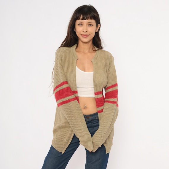 90s GAP Striped Cardigan Tan Red Ribbed Knit Open Front Sweater Cotton Ramie Collegiate Varsity Band Stripe Sand Preppy Academic Medium M
