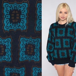 Geometric Sweater 90s Navy Blue Square Print Pullover Knit Sweater Retro Statement Crewneck Jumper Acrylic Knitwear Vintage 1990s Large L