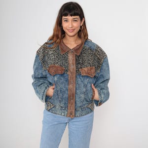 Denim Leather Jacket Leopard Print Acid Wash Jean Jacket 90s