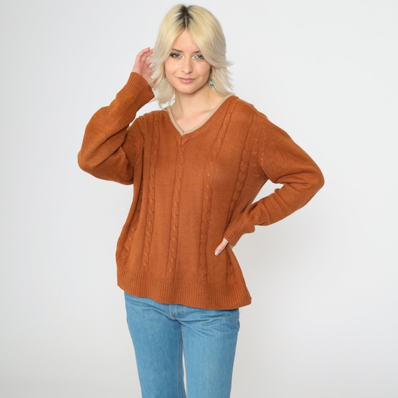 Cable Knit Sweater 70s Burnt Orange Ringer V Neck Sweater Slouch Pullover 1970s Boho Vintage Knitwear Bohemian Oversized Men's Small S