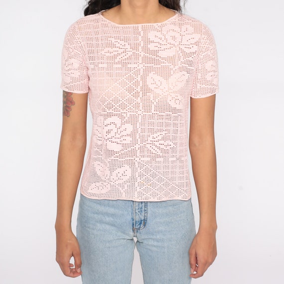 Sheer Crochet Top 90s Baby Pink Mesh Blouse Boho Hipp… Gem
