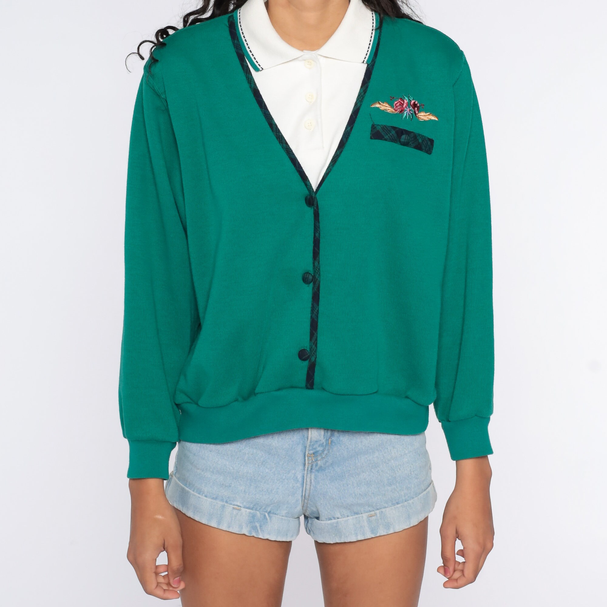Embroidered Floral Sweatshirt 80s 2fer Sweater Green Nerd Sweatshirt ...