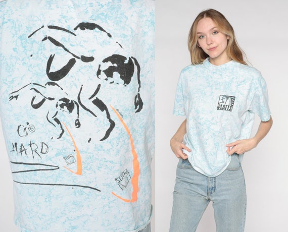 90s Platts Surf TShirt Retro Surfer T-Shirt Tie Dye Shirt Go Hard Surfing Graphic Tee Blue White Vintage 1990s Single Stitch Mens Large L