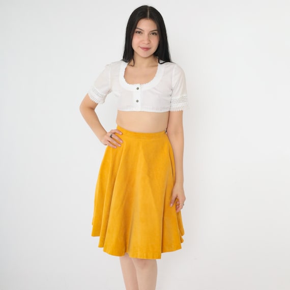 Vintage 60s Corduroy Skirt Mustard Yellow Midi Skirt High Waisted Mad Men Flared Skirt Work Office Retro 1960s A-Line Mid Century 2xs xxs