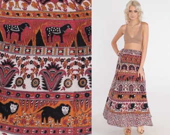 90s Hippie Skirt Maxi Wrap Skirt Indian Floral Animal Lion Elephant Peacock Print Long High Waisted Vintage 1990s Medium Large XL 2XL XXL