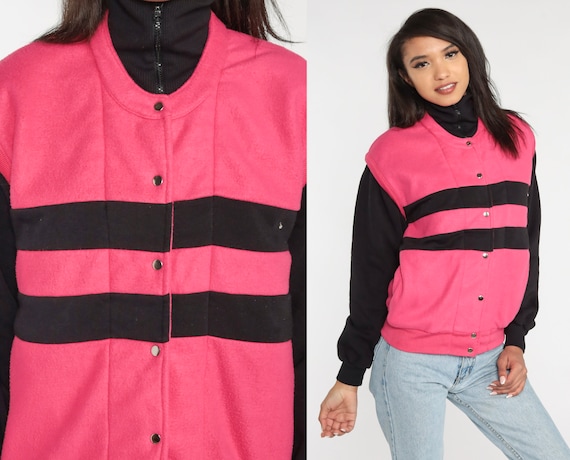 80s Striped Jacket Hot Pink Black Snap Up Coat Striped Color Block Funnel Neck Sporty Retro Normcore Streetwear Vintage 1980s Medium