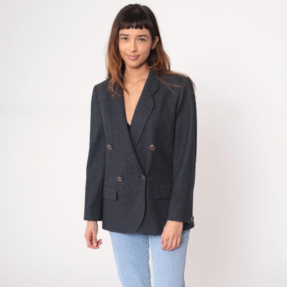80s Pendleton Blazer Double Breasted Wool Power Suit Jacket Gray Charcoal Structured Long Sleeve Professional Business Vintage Medium M