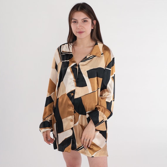 Abstract Print Top Y2K Button up Blouse Long Sleeve Shirt Brown Black Cream Tonal Neutral Groovy Vintage 00s Ashley Stewart Extra Large xl