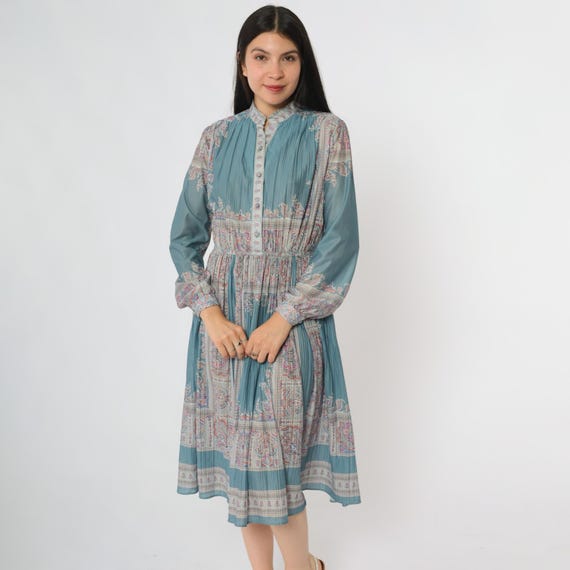 Sheer Summer Dress 80s 70s Hal Ferman Sage Green Boho Midi Paisley Print Long Sleeves Elastic Waist Sundress Romantic Whimsical Medium M L