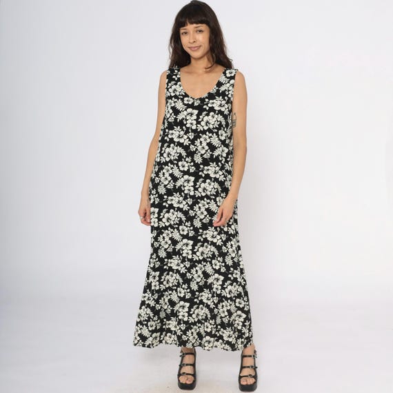 Y2K Floral Dress Black White Cream Hibiscus Tropical Print V Neck Cottagecore Summer Beach Vacation Vintage Fairycore Relaxed Fit Large L