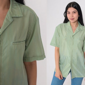 Sage Green Shirt 70s Hidden Button Up Shirt Embroidered Crown Retro Preppy Collared Short Sleeve Plain Basic Top Vintage 1970s Medium M