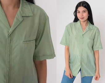 Sage Green Shirt 70s Hidden Button Up Shirt Embroidered Crown Retro Preppy Collared Short Sleeve Plain Basic Top Vintage 1970s Medium M