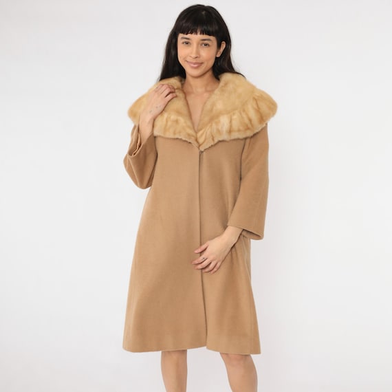 Vintage 60s Wool Coat Camel Brown Mink Fur Collar Swing Overcoat 1960s Winter Mid Length Jacket Velmina Mayfair of California Large L