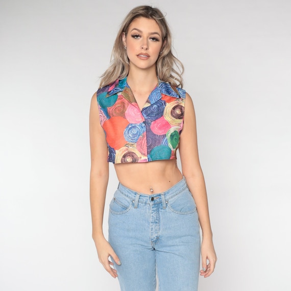 70s Cropped Shirt Psychedelic Blouse Crop Top Bohemian SWIRL PRINT Button Up Disco Top Boho Hippie 1970s Sleeveless Seventies Small S