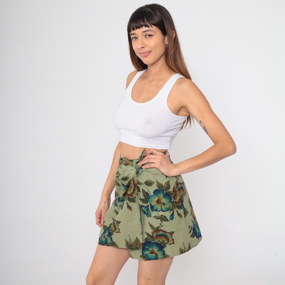 90s Floral Wrap Skirt Green Hippie Skirt Mini Boho 1990s Linen Cotton Hibiscus Print Bohemian High Waist Vintage Express Small