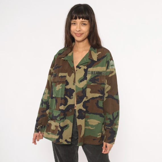 Camo BDU Shirt 90s U.S. Army Woodland Camouflage Button Front Military Jacket Green Field Coat Utility Surplus Olive Drab Vintage Medium M