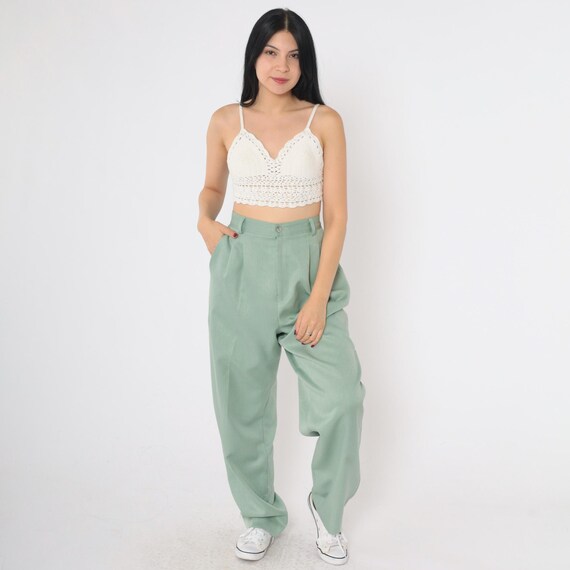 90s Pleated Pants Light Green Trousers High Waisted Rise Pants Tapered Leg Slacks Preppy Baggy Pants Plain Vintage 1990s Medium