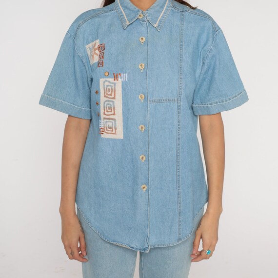 90s Denim Shirt Blue Jean Button up Top Studded G… - image 7
