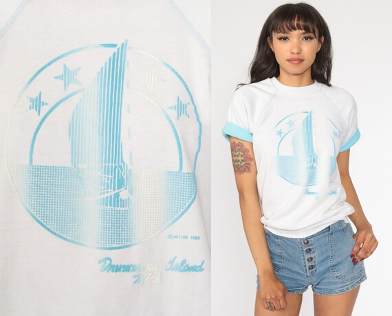 Drummond Island Shirt Michigan Sailboat Shirt Short Sleeve Sweatshirt Nautical Boat Graphic TShirt Vintage 1980s White Extra Small xs