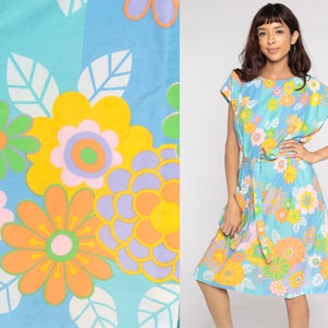 60s Floral Dress Wrap Dress Flower Power Dress Tea Length Midi Bright Blue Orange 1960s Vintage Full Skirt Flare High Waist Large L