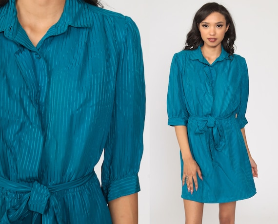Striped Puff Sleeve Dress Blue Pinstriped Dress 1980s Mini Dress High Waisted Secretary Vintage 80s button up Minidress Large L