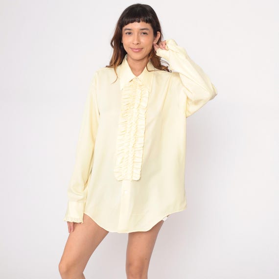 Yellow Tuxedo Shirt 70s Cream Ruffled Front Button Down Long Sleeve Collar Ivory Off White Vintage Disco Party Dress Top Menswear Large L