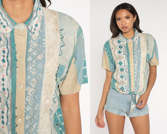 80s Geometric Shirt Tie Waist Blouse Blue Green Striped Button Up Top 1980s Rayon Short Sleeve Vintage Retro 90s Medium Large