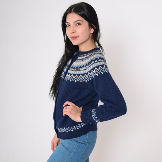 70s Wool Cardigan Navy Blue Icelandic Sweater But… - image 3