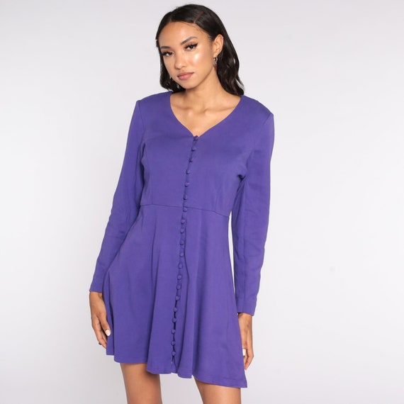 Purple Babydoll Dress 80s Mini High Waist Button Up Dress Vintage 1980s Plain Long Sleeve Flared Medium
