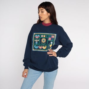 Country Cat Sweatshirt Sunflower Sweater 80s Garden Shirt Navy Blue Animal Sweatshirt Vintage 90s Graphic Novelty Print Heart Apple Large L