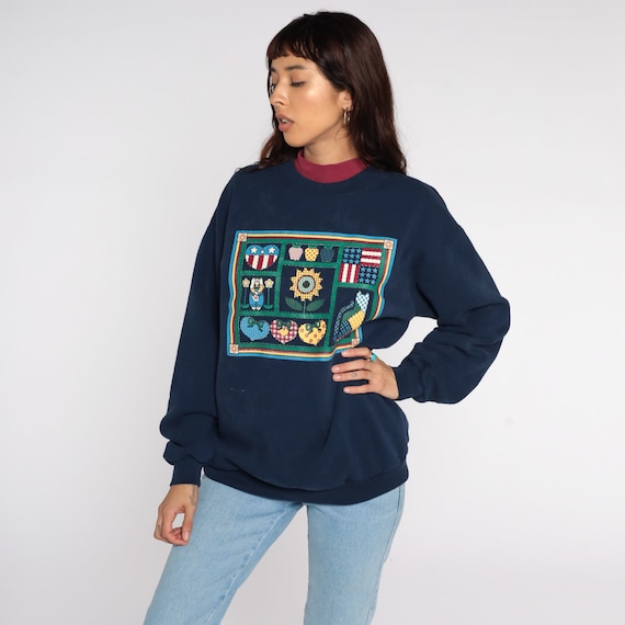 Country Cat Sweatshirt Sunflower Sweater 80s Garden Shirt Navy Blue Animal Sweatshirt Vintage 90s Graphic Novelty Print Heart Apple Large L