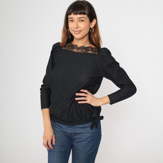 Vintage Black Puff Sleeve Blouse 80s Lace Neckline Top 1980s Loose Slouchy Fit Tie Waist Blouson Shirt Long Sleeve Romantic Extra Small xs