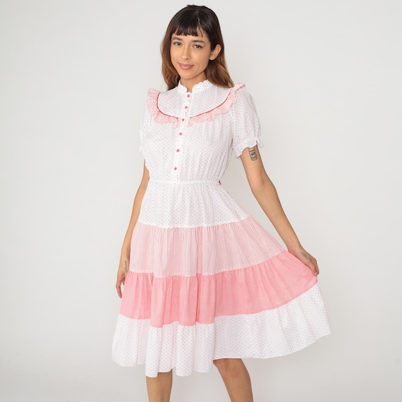 80s Coquette Prairie Dress White Polka Dot Pink Trim Peter Pan Collar Puff Sleeve Tiered Ruffle Skirt Bow Tie Cottagecore Vintage Medium M