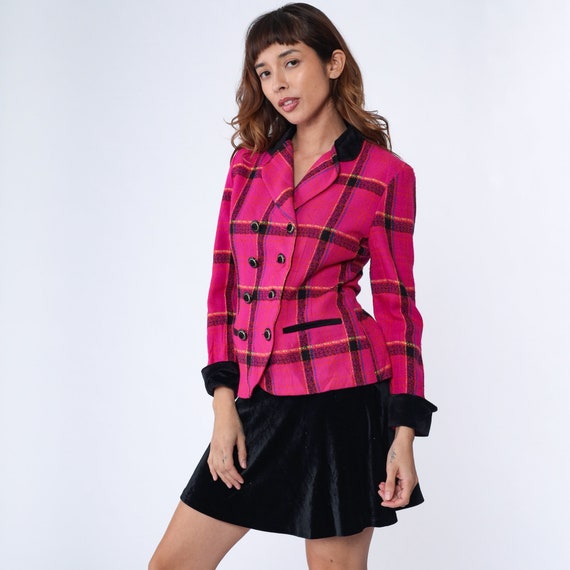 Checkered Blazer 90s Hot Pink Plaid Statement Jacket Fuchsia Preppy Tailored Clueless Retro Secretary Window Pane Check Vintage 1990s Small