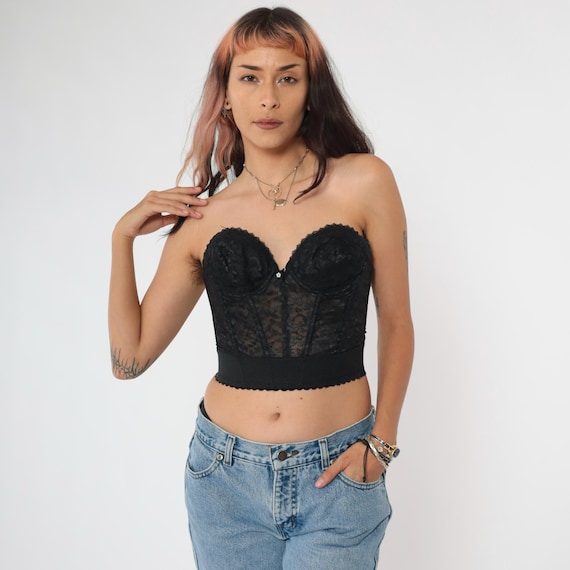 Vintage Bustier Corset 34A Black Lace Lingerie Bra Boned 80s Strapless Top Sweetheart Neckline 1980s Cinched Waisted 34 A Small