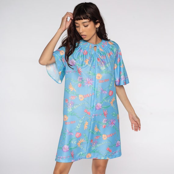 Floral Lounge Dress 70s Mini Hippie Flutter Sleeve Dress Blue House Dress 1970s Shift Boho Vintage Summer Front Zip Up Tent Small