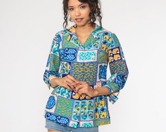 Hippie Shirt Psychedelic Shirt Boho Top 70s Blue Acid Print Button Up Shirt 1970s Top 3/4 Sleeve Bohemian Vintage Small
