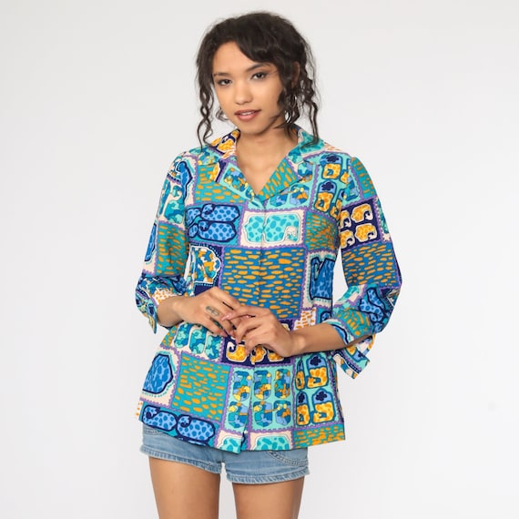 Hippie Shirt Psychedelic Shirt Boho Top 70s Blue … - image 2