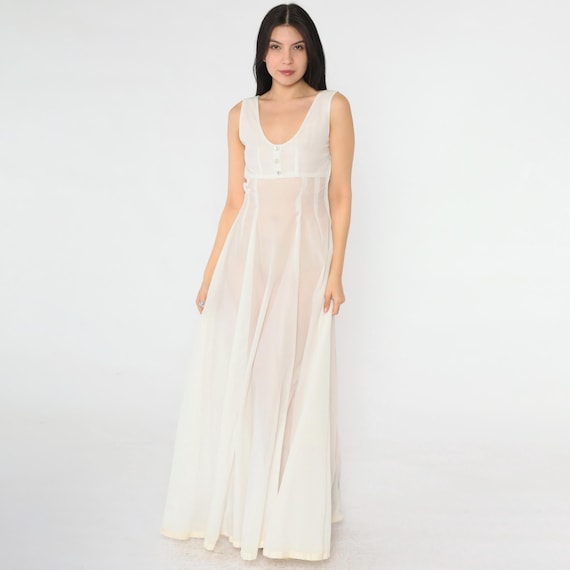 Vintage 40s Sheer White Dress Sleeveless Gown Rhinestone Button Up WWII Sleeveless Full Skirt 1940s Romantic Bridal Empire Small S