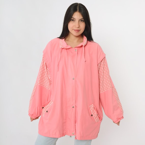 80s Pink Windbreaker Jacket Gingham Trim Zip Up Jacket Vintage 1980s Cottagecore Jacket Retro Cotton Blend Drawstring Neck Extra Large xl