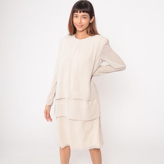 90s Cream Dress Layered Professional Office Beige Ivory Minimalist Vintage Workwear Business Formal Sophisticated Classic Elegant Large L