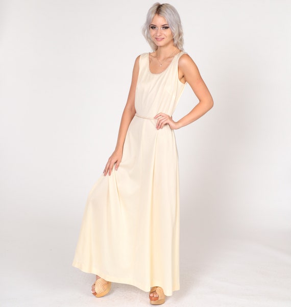 Long Cream Dress 70s Maxi Party Dress Simple Grecian Gown Sleeveless High Waisted Minimalist Chic Cocktail Evening Vintage 1970s Small S